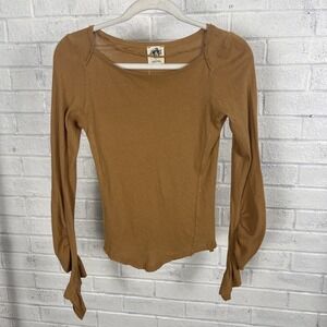 Free People Lizzy Long Sleeve Top Brown Womens Size S Minimalist Boho Neutral